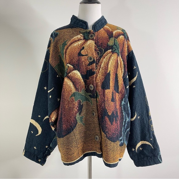 Vintage 90s Sugar Street Weavers Halloween Pumpkin Celestial Cat Tapestry Jacket - Picture 13 of 17